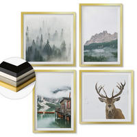 WANDBILDER 4er Set - 50x50 cm & 40x60 cm Goldrahmen - Berge, See, Hirsche, Hütte, Nebel - Goldfarben, Kunststoff (50/50cm) - ArtPrintCave