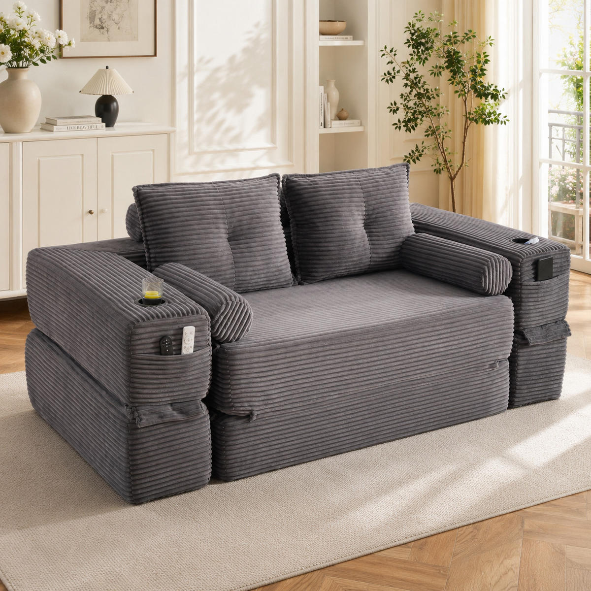 SCHLAFSOFA mit Klappfunktion, Memory-Kissen und Getränkehalter aus Cord - Dunkelgrau, Textil (180/80/98cm) - EVRYAE