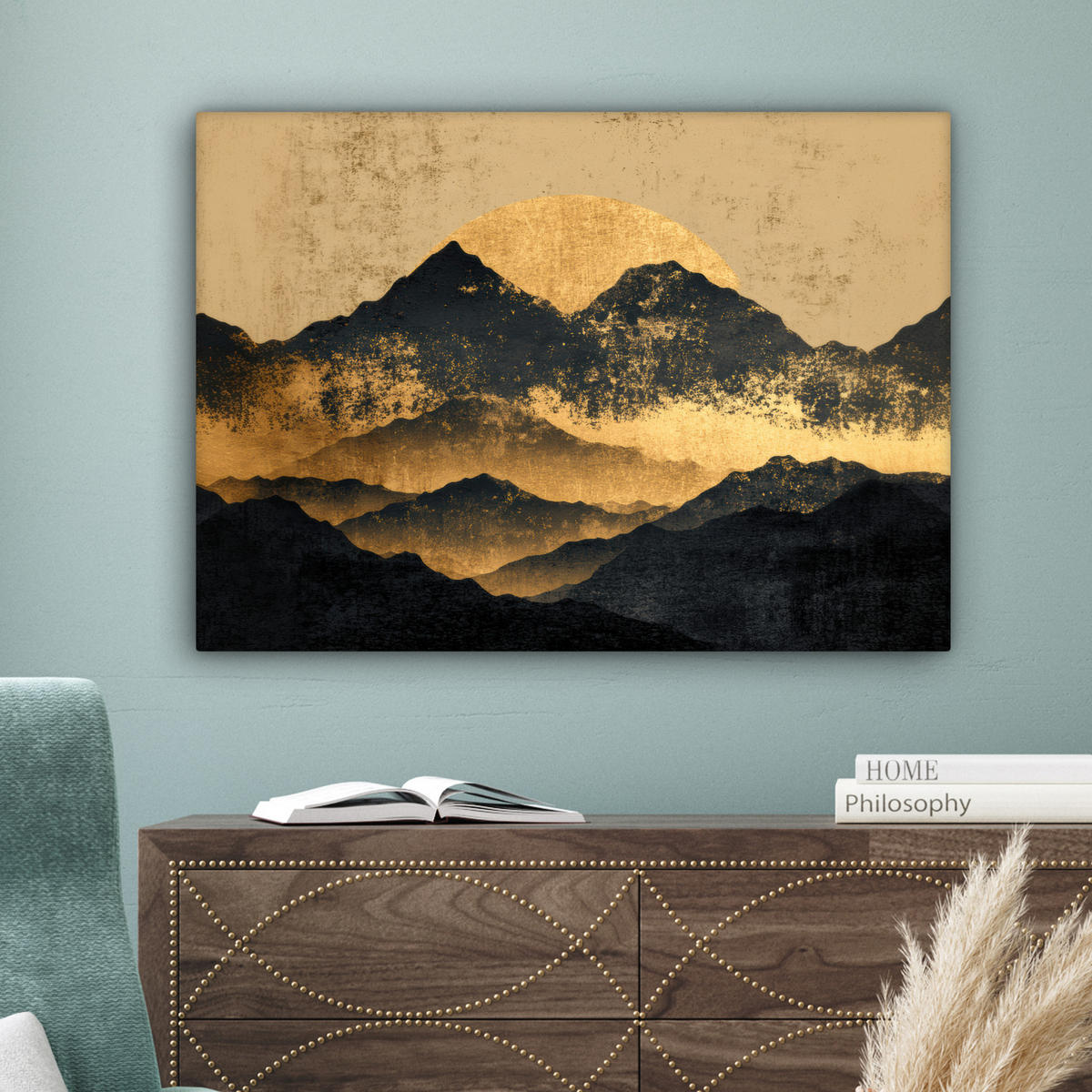 LEINWANDBILD Goldene Berge bei Mondschein Wandbilder 80x60 cm - Goldfarben, Textil (80/60cm) - MuchoWow