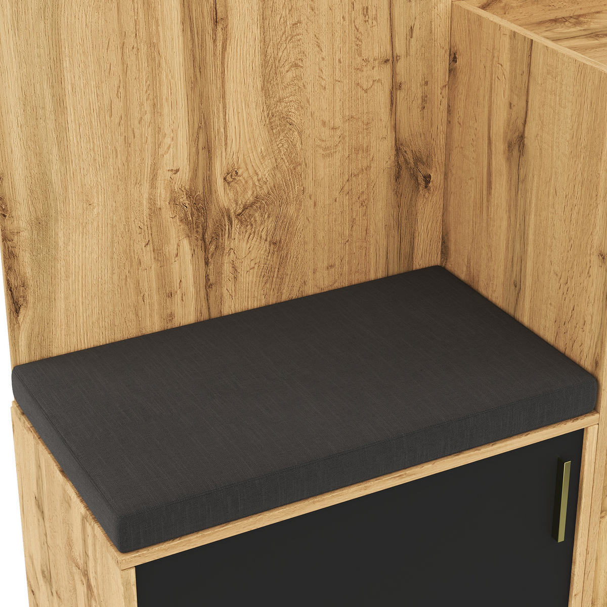 GARDEROBEN-SET in Naturfarben Kleiderschrank-Set mit Spiegel, Sitzbank, Schuhregal und Haken für Flur, B100/T38/H185cm - Schwarz/Naturfarben, Glas/Holzwerkstoff (100/185/38cm) - STILVORA