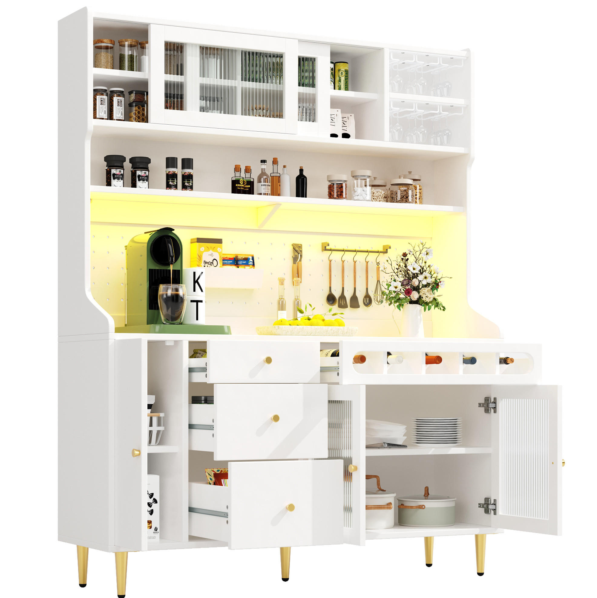OKWISH BOČNÍ skříň 145/39/171 cm bílá z MDF, skla a kovu s LED osvětlením a výsuvným vinným regálem