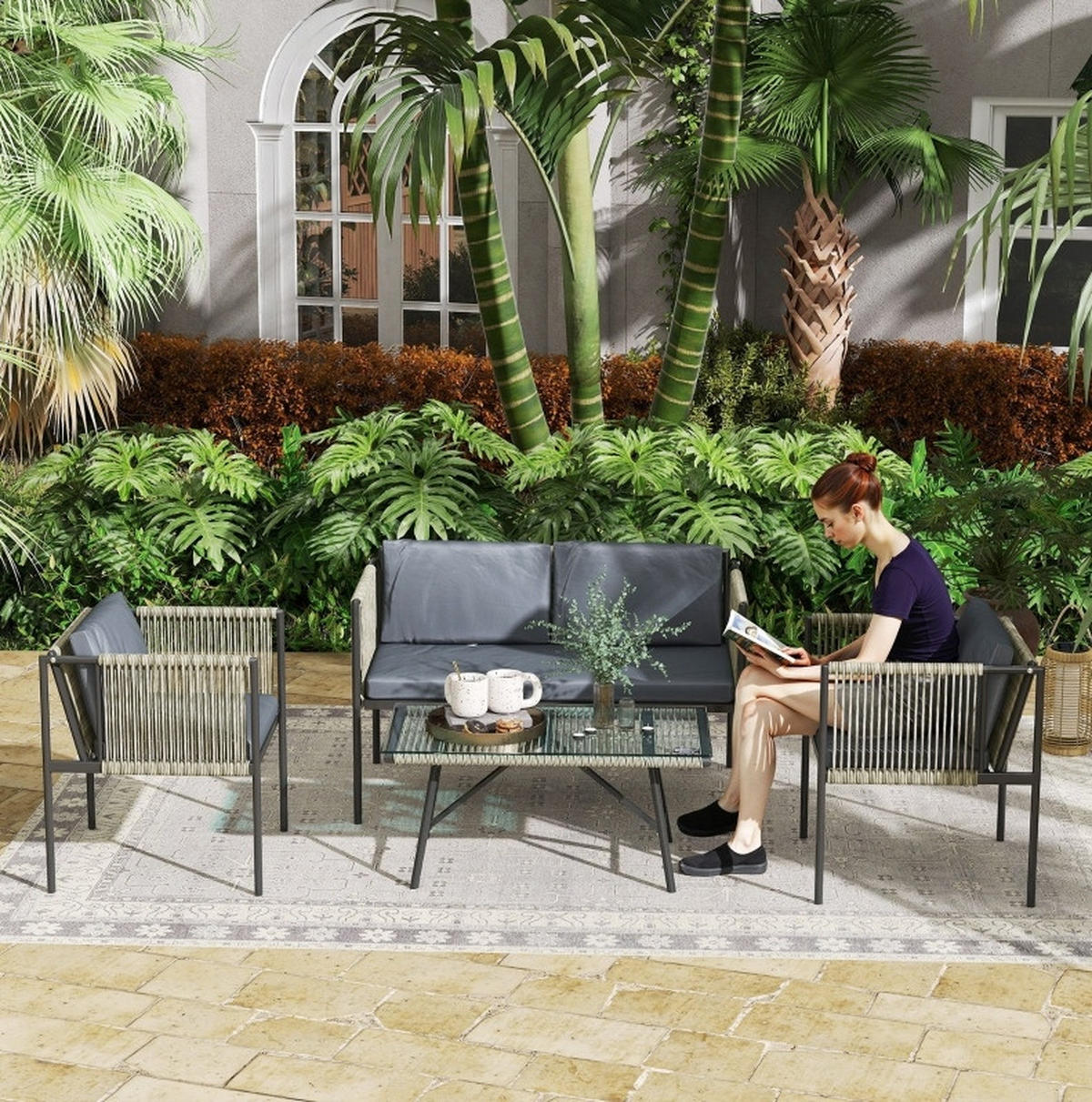 GARTENMÖBEL-SET 4-tlg. mit Sofa, 2 Sesseln und Tisch Rattan Grau - Grau, Metall - Beauniv