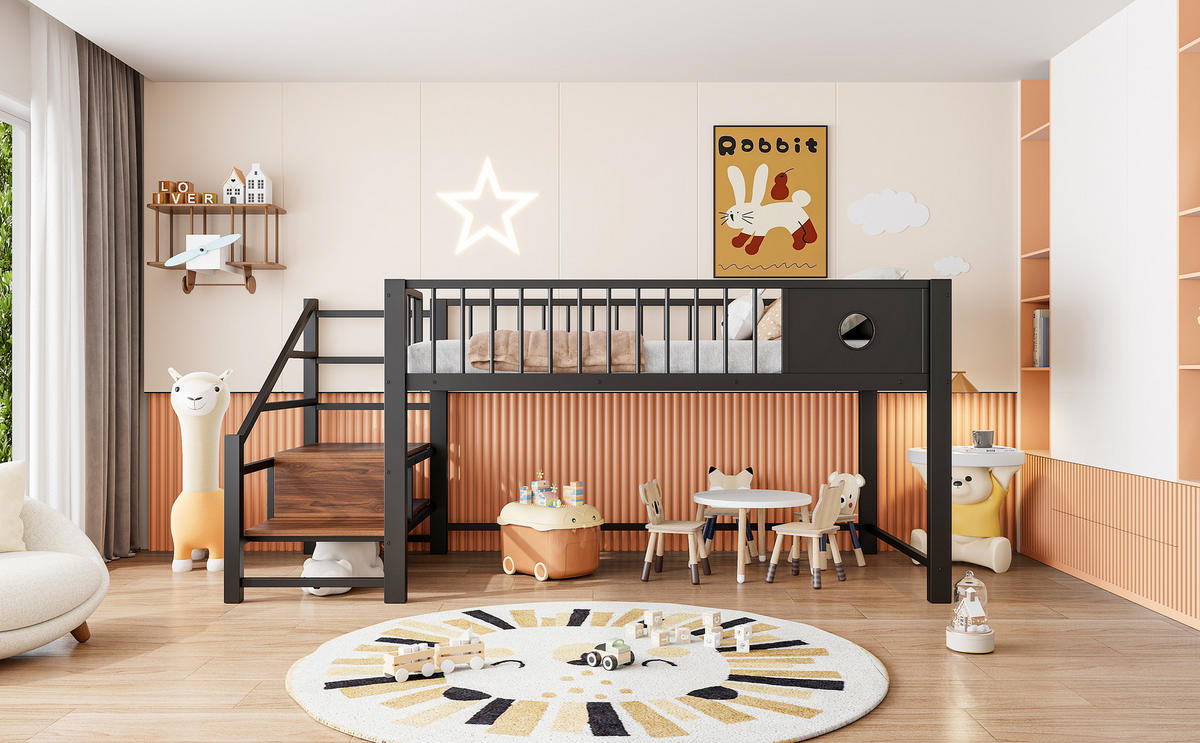 HOCHBETT 90/200 cm in Schwarz mit Stauraumleiter und Stauraum unter dem Bett Metall - Schwarz, Holzwerkstoff/Metall (90/200cm) - CHICFURN