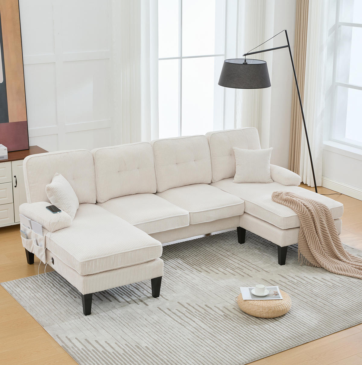 WOHNLANDSCHAFT aus Leinenstoff 250x130x88 cm in Beige mit USB - Beige, Textil (130/88/250cm) - Modfu