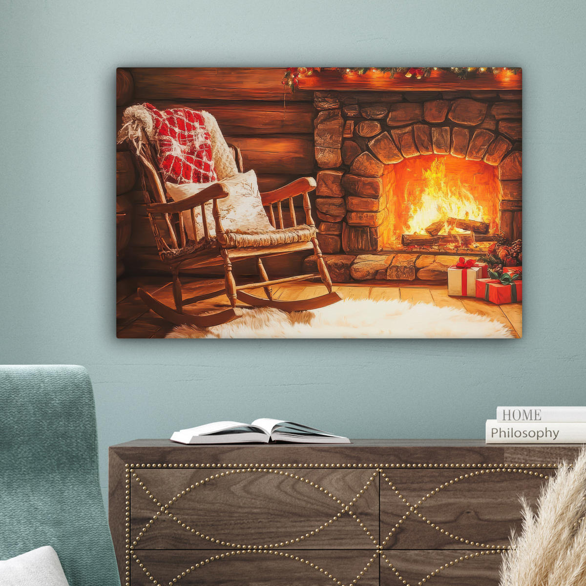 LEINWANDBILD Winter - Weihnachten - Zuhause - Kamin Wanddeko 90x60 cm - Bernsteinfarben, Textil (90/60cm) - MuchoWow