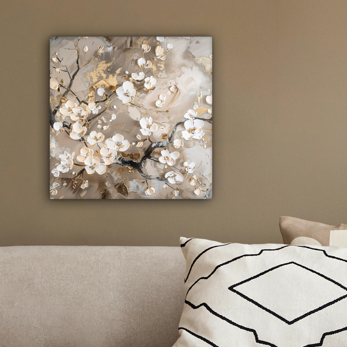 LEINWANDBILD - Blumen - Weiß - Gold - Beige - Luxus - 20x20 - Wandbilder - Greige, Textil (20/20cm) - MuchoWow