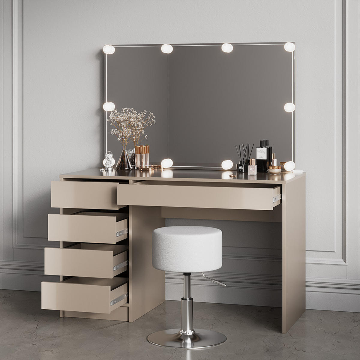 SCHMINKTISCH Imola Greige 120 cm mit Hocker - Greige, Holzwerkstoff (120/75/55cm) - Livinity®