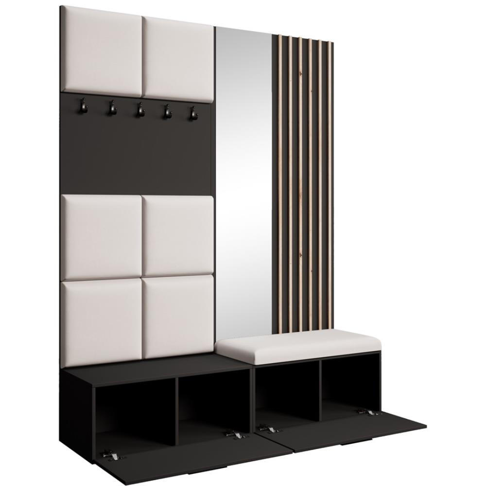 GARDEROBE Margaret I+II 162/203/43 mit gepolsterten Paneelen/Lamellen/Spiegel - Beige/Schwarz, Holzwerkstoff/Kunststoff (162/203/43cm) - Beautysofa