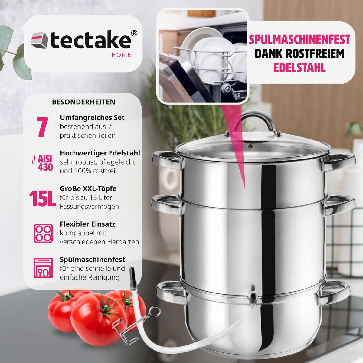 DAMPFENTSAFTER ,Ø 26 cm,silber - Silberfarben, Metall (26/41/26cm) - tectake