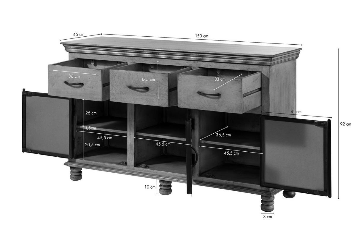 SIDEBOARD Mango 150x45x92 grau lackiert HERMITAGE #014 - Grau, Holz (150/60/45cm) - Massivmoebel24