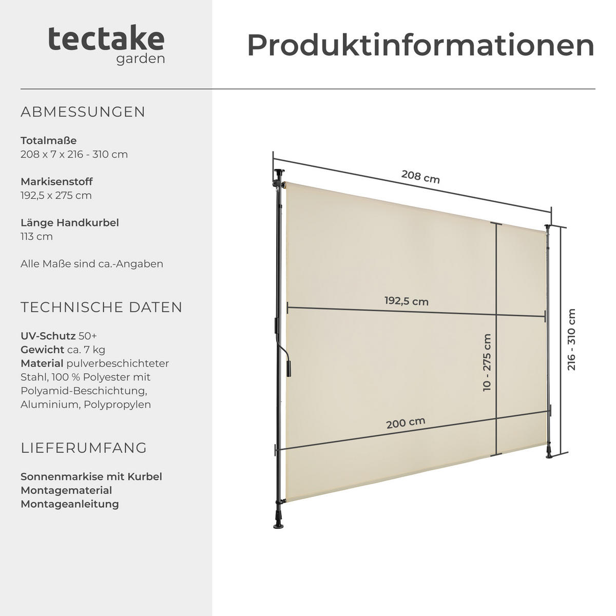 KLEMMMARKISE Taija, leichtgängige Handkurbel, beige - Beige, Kunststoff (208/310cm) - tectake