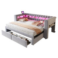 ČALOUNĚNÁ rozkládací postel 90/190 cm s přistýlkou, zásuvkami, LED, USB a úložným prostorem, samet, Světle šedá - světle šedá, textil (90/190cm) - Redom
