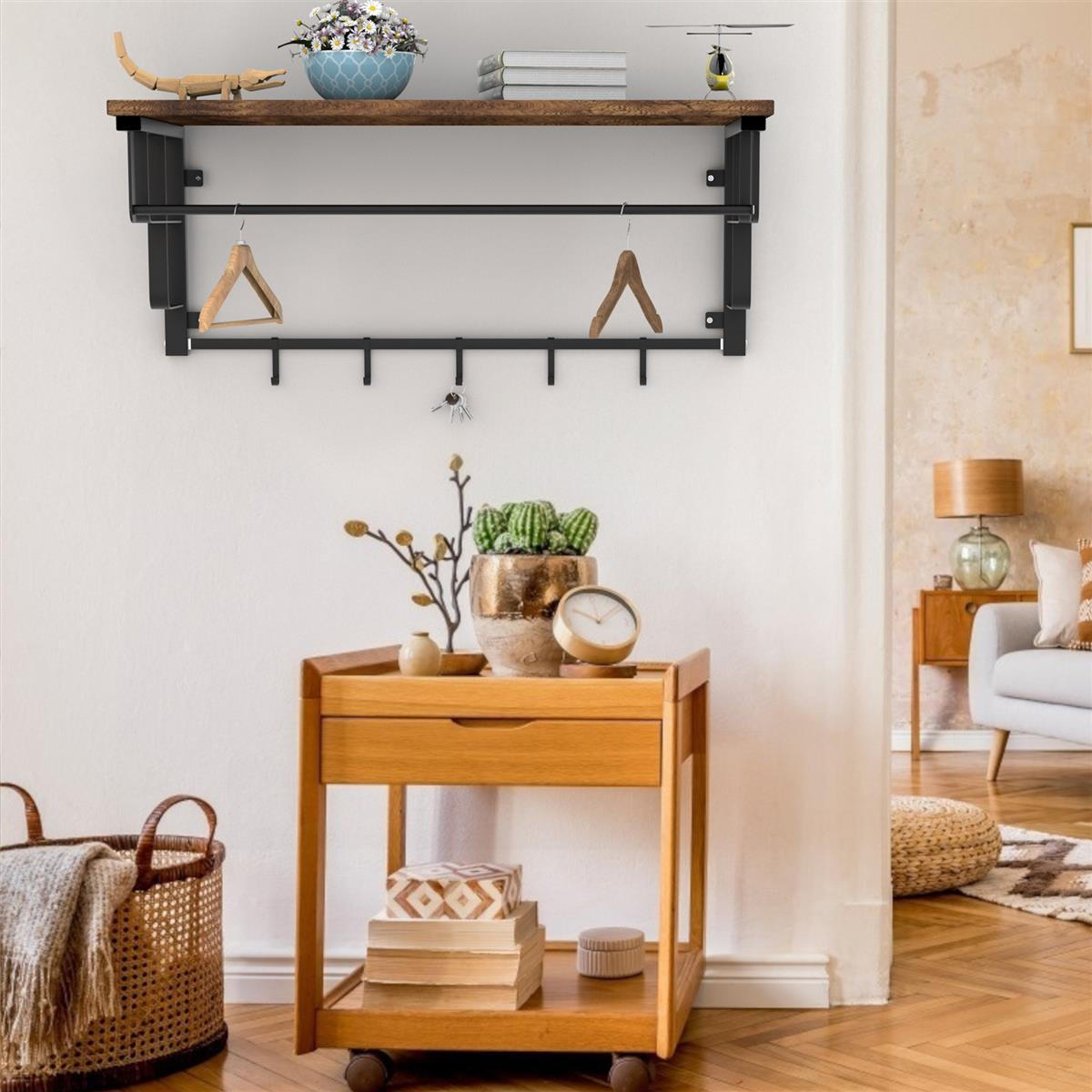 WANDGARDEROBE mit abnehmbaren Haken 60/30/27 cm - Braun, Metall (30/27/60cm) - Intirilife