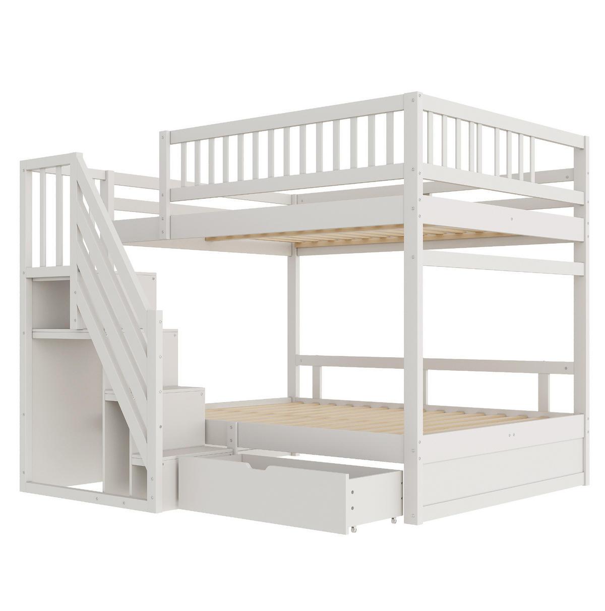 ETAGENBETT 140/200 cm mit Lattenrost, Stauraumtreppe und Schubladen, Weiß - Weiß, Holzwerkstoff (140/200cm) - Redom