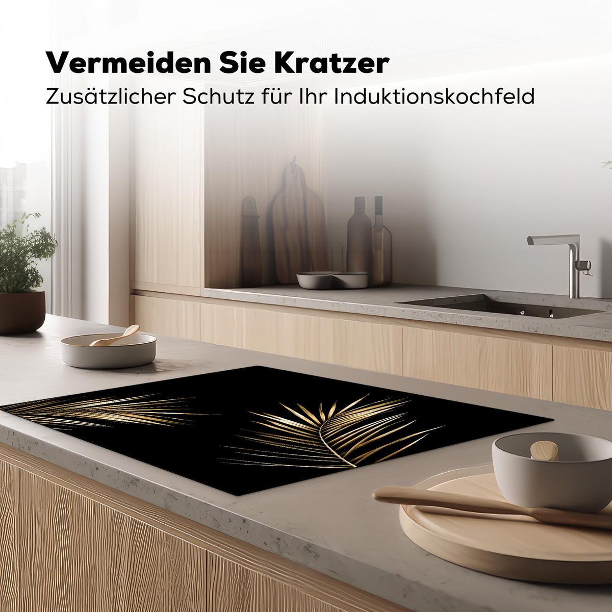 HERDABDECKPLATTE Blätter - Pflanzen - Gold - Schwarz - Luxus Induktionsmatte 77x59 cm - Goldfarben, Kunststoff (77/59/0.2cm) - MuchoWow