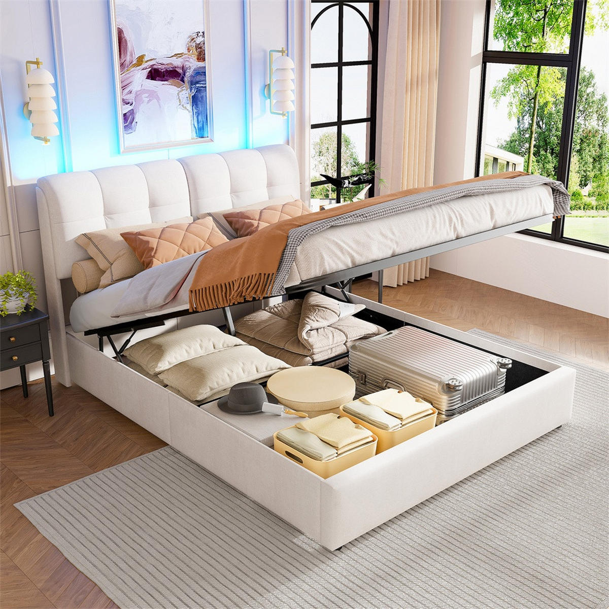 POLSTERBETT 160x200 cm mit hydraulischer Hubfunktion - Doppelbett mit LED-Beleuchtung - ohne Matratze - Cremeweiß - Beige, Textil (160/200cm) - DELFA