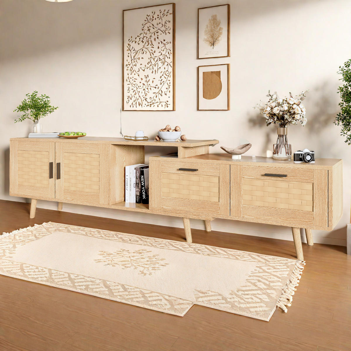 TV-LOWBOARD ausziehbar 146–180 cm, Eiche-Optik mit Rattan-Fronten & Stauraum - Braun, Holzwerkstoff (29.8/44/169cm) - SHOPENTRA