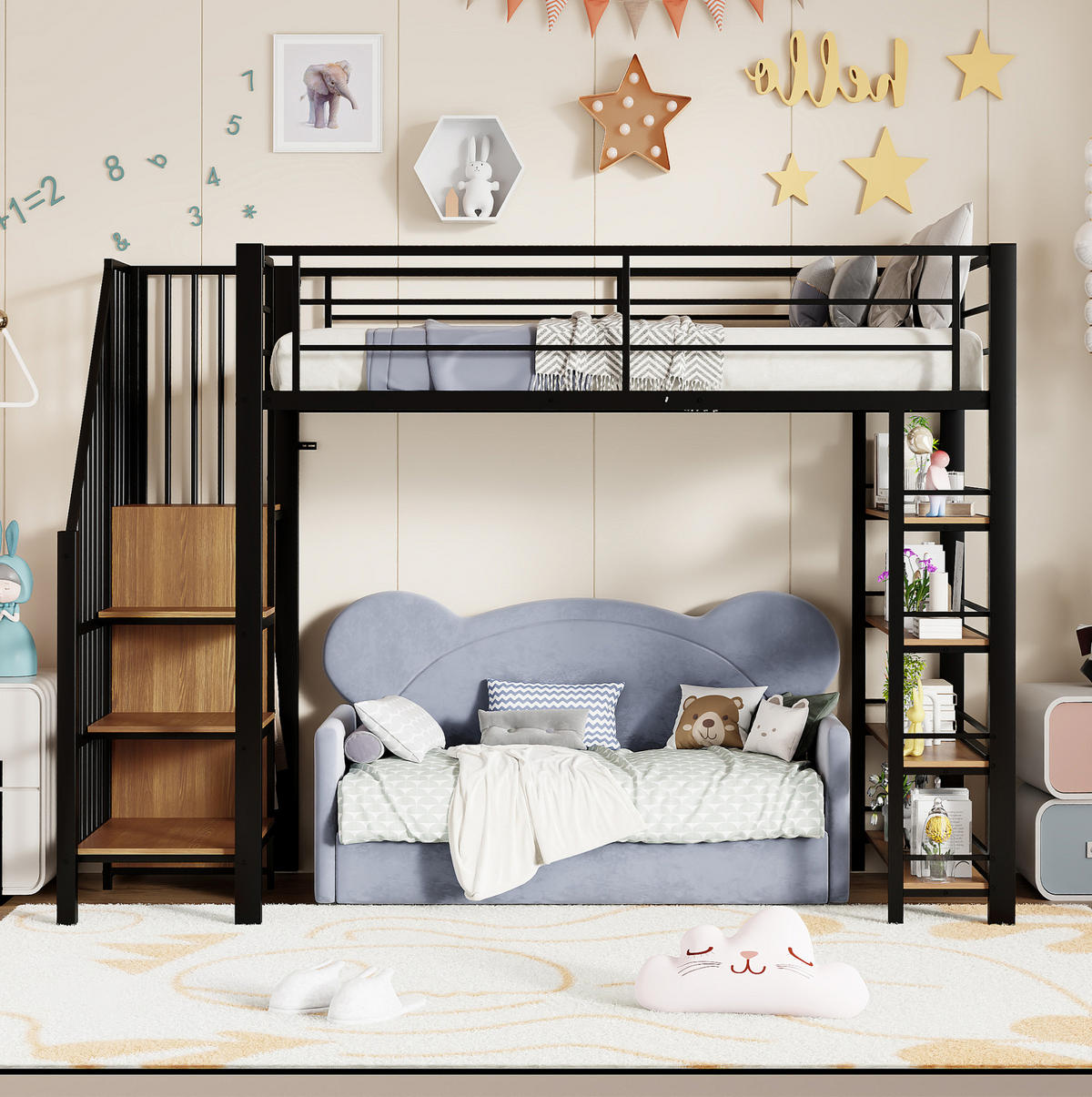 VYSOKÁ postel 90/200 cm černá/bílá se schody a úložným prostorem z kovu a MDF - černá, kov (90/200cm) - OKWISH