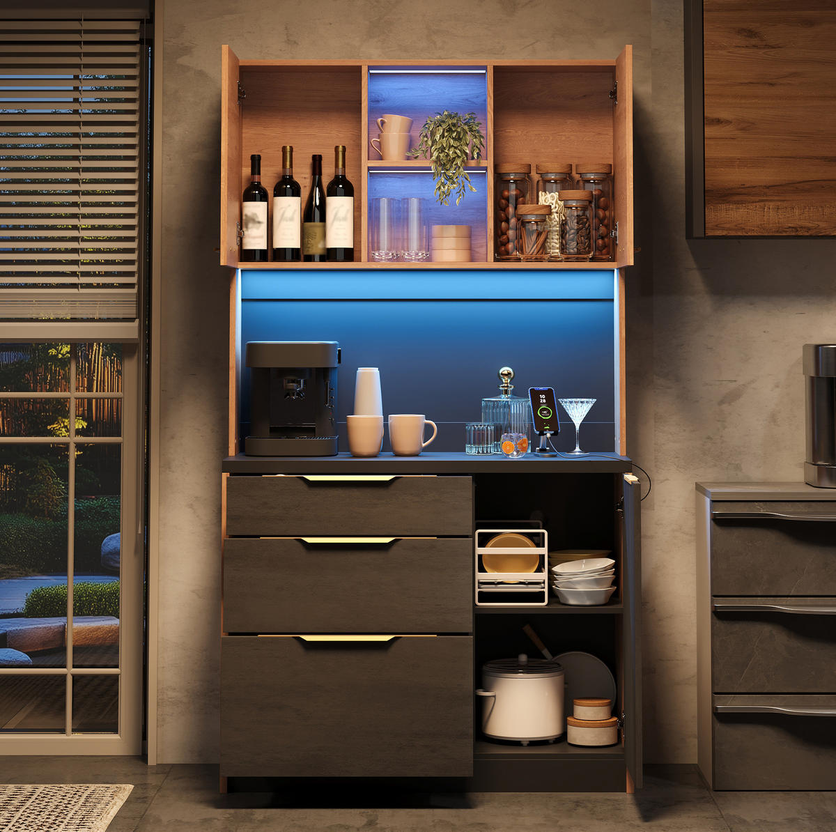 BUFFET aus MDF 100x40x180 cm Neutral mit LED-Beleuchtung, Steckdose und viel Stauraum - Naturfarben, Holzwerkstoff (100/180/40cm) - Modfu