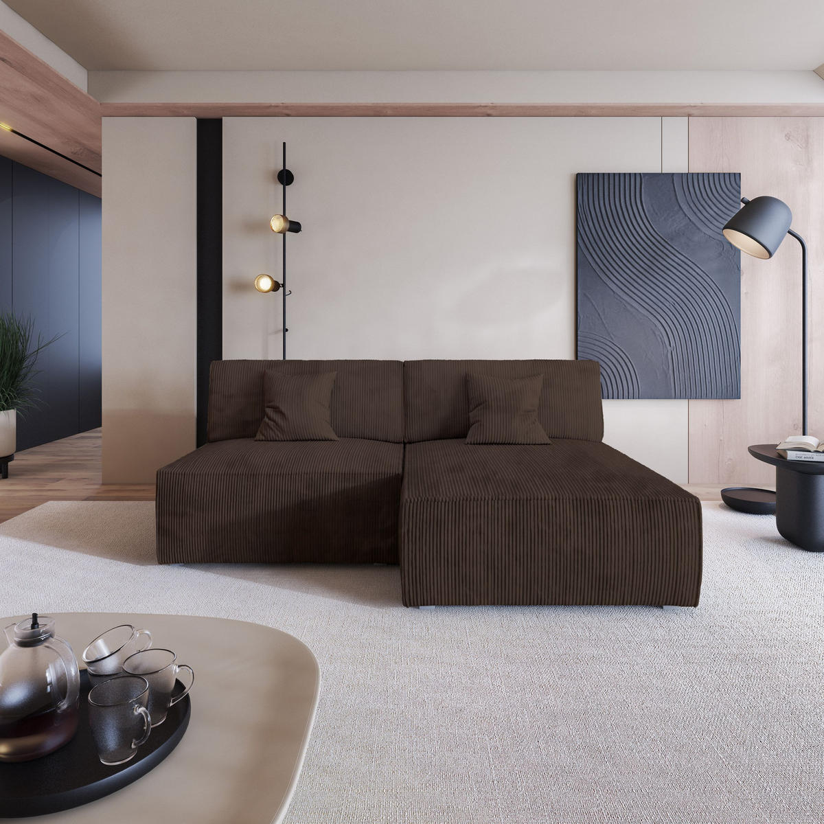 ROHOVÁ SEDAČKA FIORO hnědá - šedá/hnědá, dřevo/textil (204/148cm) - MASSENO