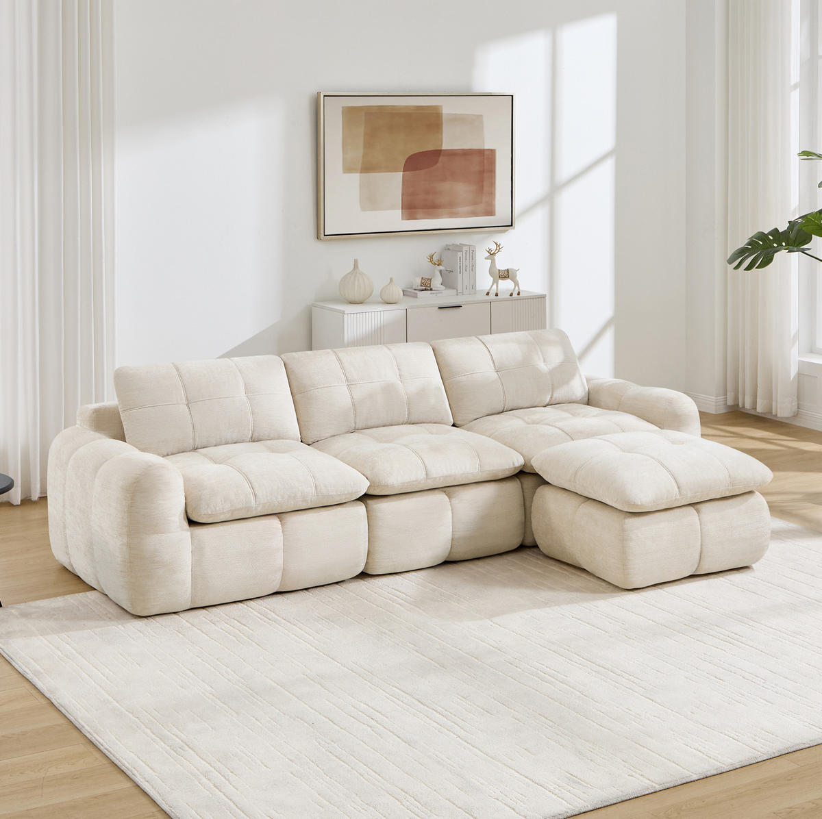 SOFA 264/160/68 cm in Beige aus Chenille mit Ottoman und flexiblem Design - Beige, Textil (160/68/264cm) - Flora Grace