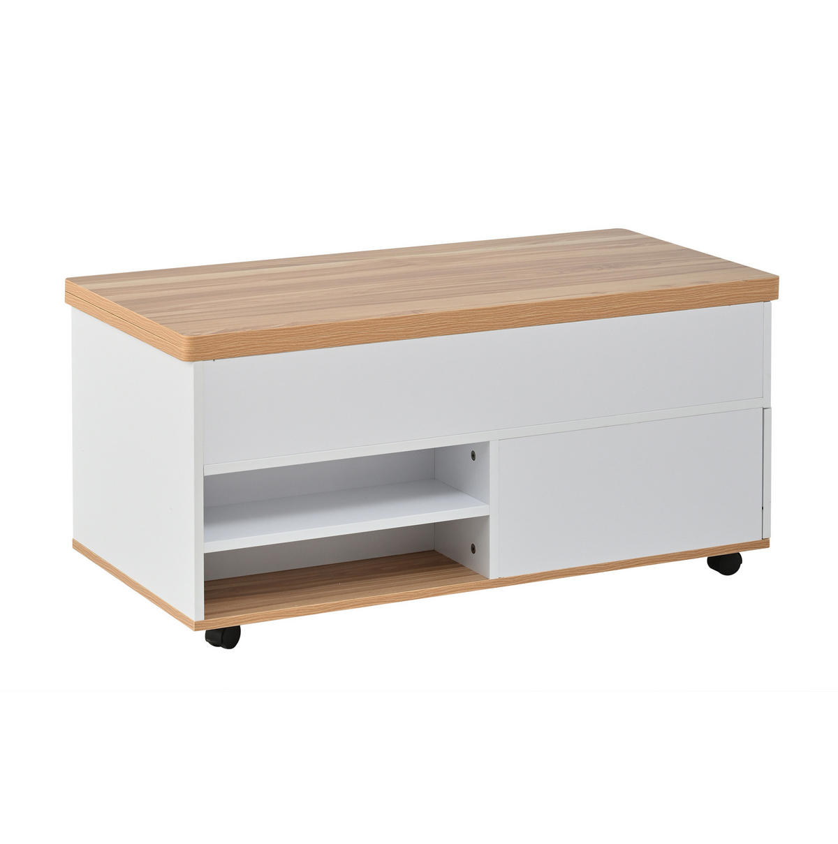 COUCHTISCH 100/98/65 cm höhenverstellbar mit hydraulischen Tischplatten, Stauraum und Rollen, Spanplatte, Weiß/Naturholz - Weiß, Holzwerkstoff (100/98/65cm) - Redom