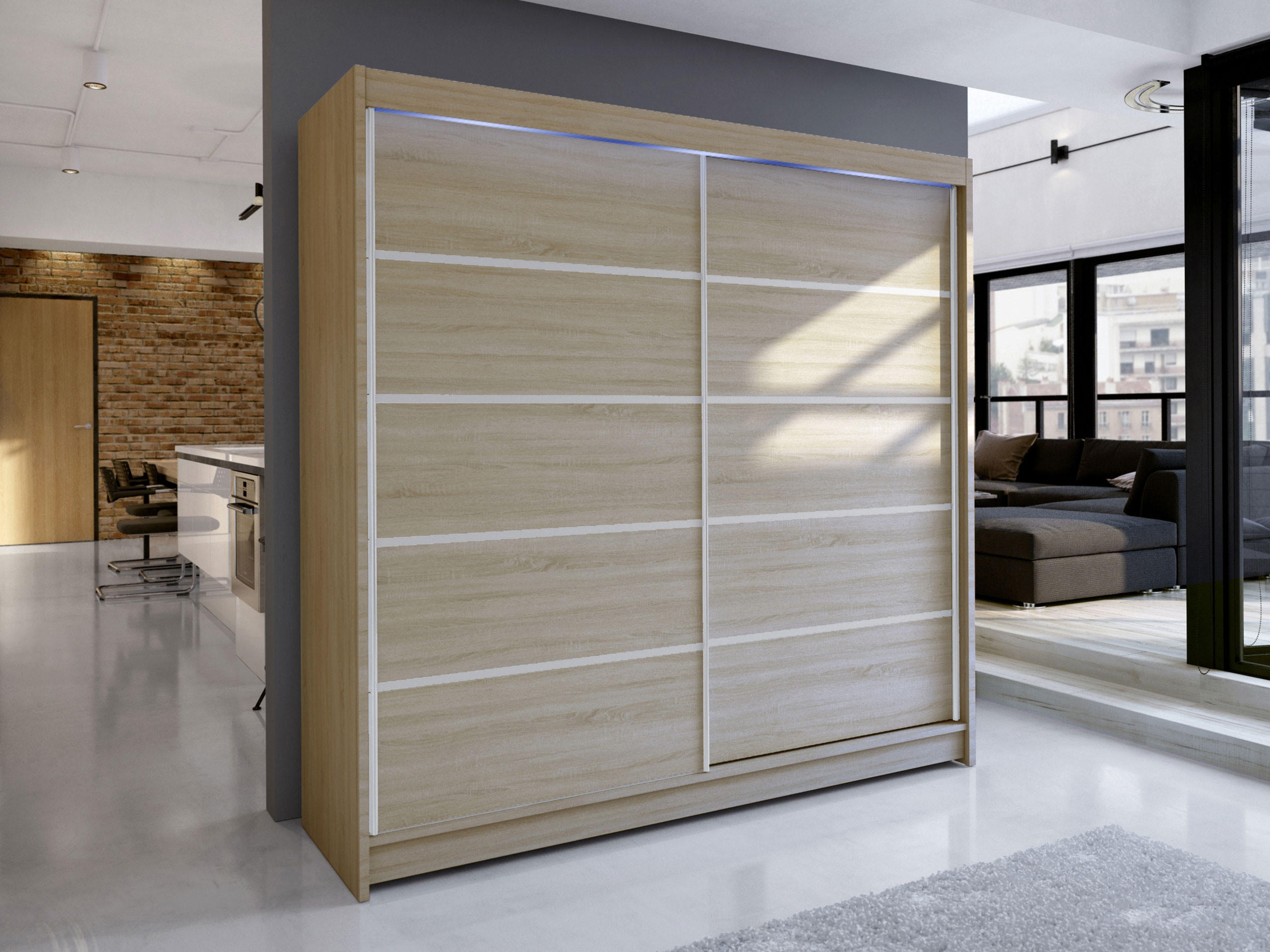 SCHWEBETÜRENSCHRANK Talin IV, mit RGB LED Beleuchtung - Kaschmir/Silberfarben, Holzwerkstoff/Metall (180/215/58cm) - MIRJAN24