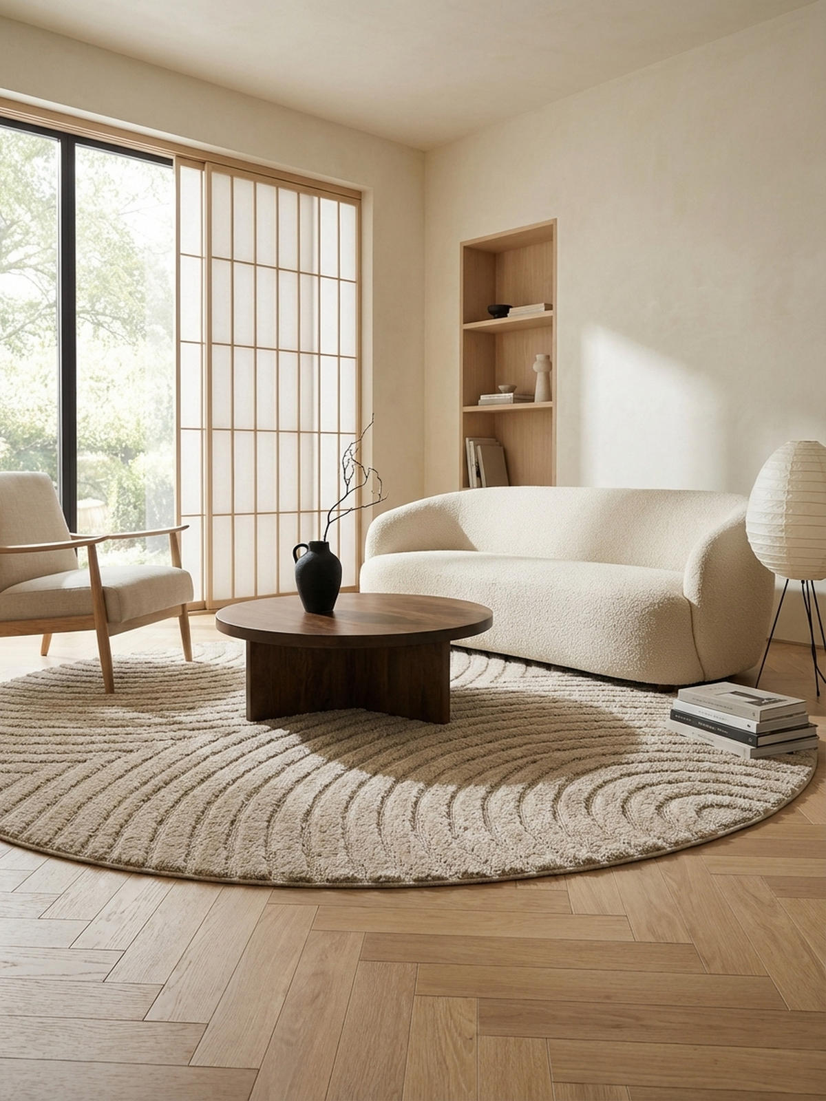 TEPPICH Wohnzimmer Hoch-Tief 3D-Effekt Organische Bögen mit 3D-Effekt OEKO-TEX 3D-Relief Boho Rund Beige 200x200 – RIGI - Beige, Textil (200/200cm) - KADIMA DESIGN