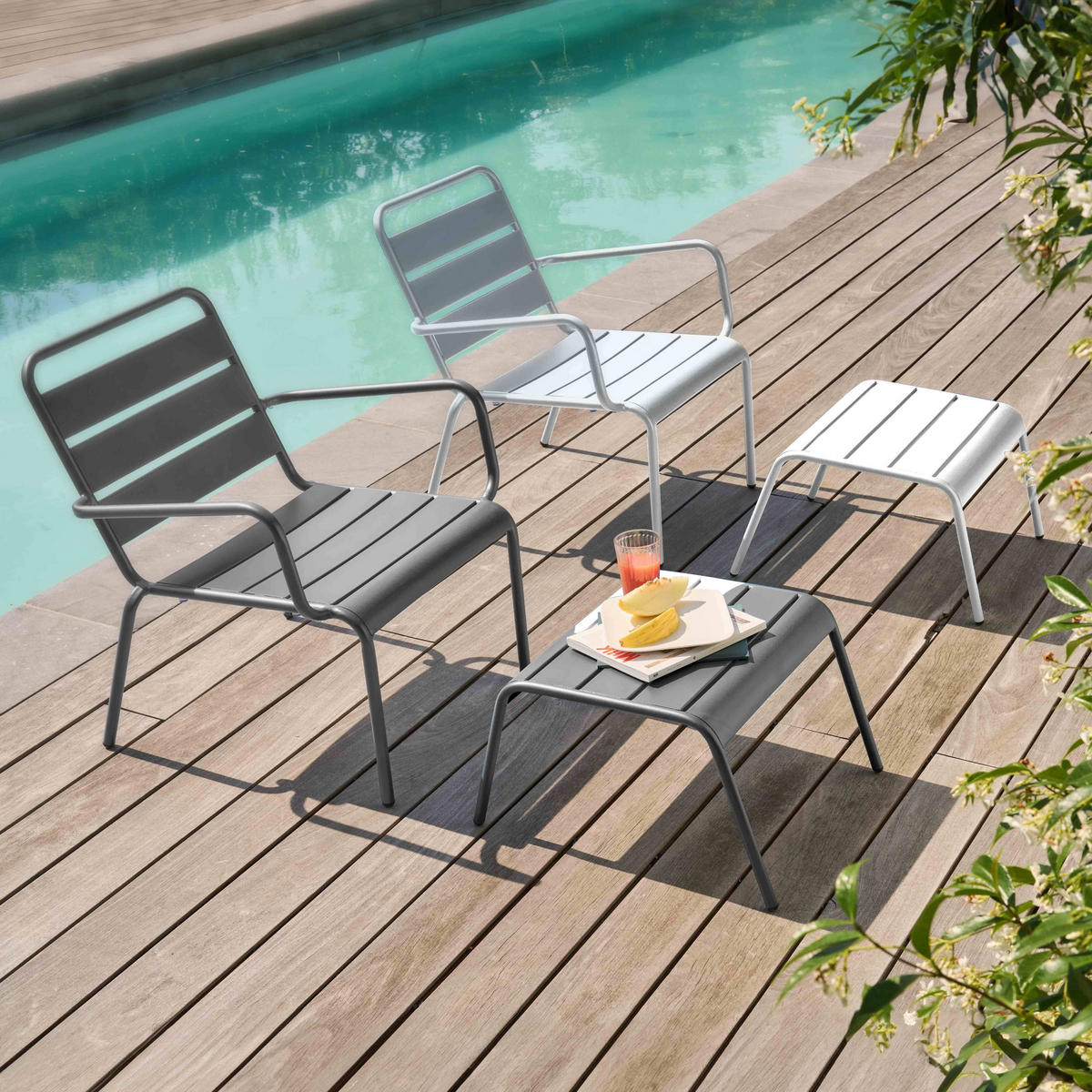 RELAXSESSEL MIT HOCKER 2-tlg., Grau/Weiß - Weiß, Metall (64/72/60cm) - Oviala