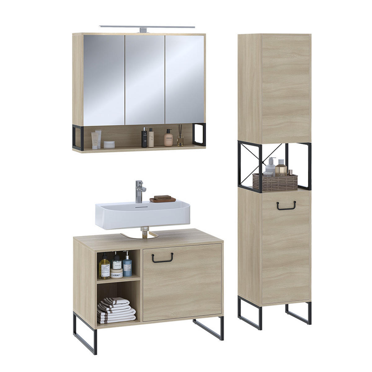 BADMÖBEL-SET Vionna Eiche/Schwarz 3 Teile - Eichefarben/Schwarz, Holzwerkstoff (80/60/45.5cm) - Vicco