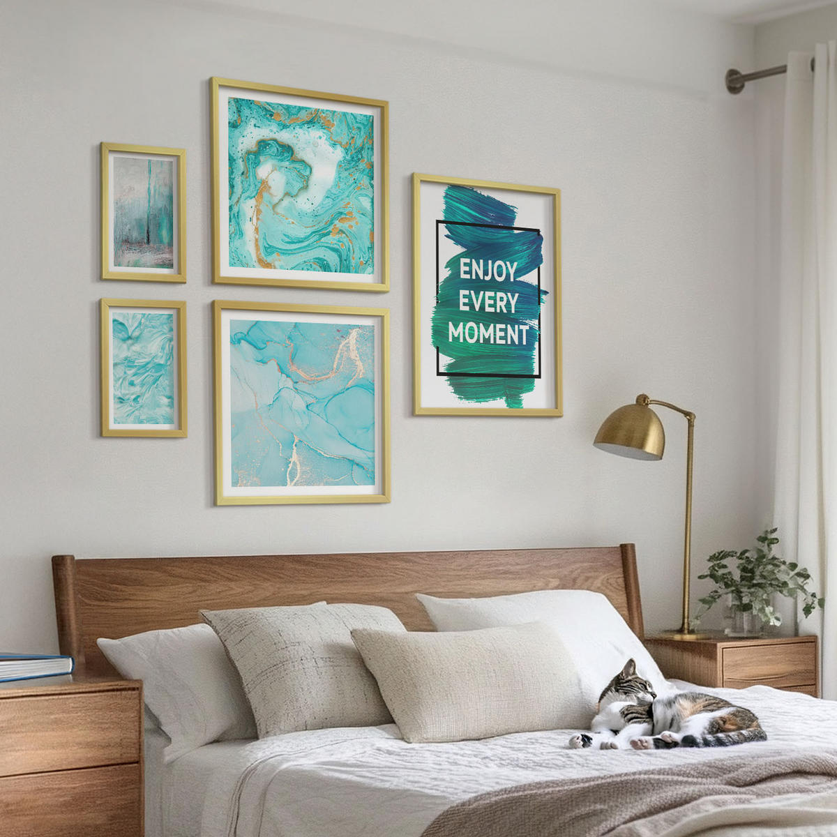 WANDBILDER 5er Set - 50x50 cm & 20x30 cm & 40x60 cm Goldrahmen - Farbenfrohe Abstraktionen, Gesichter, Formen - Goldfarben, Kunststoff (40/60cm) - ArtPrintCave