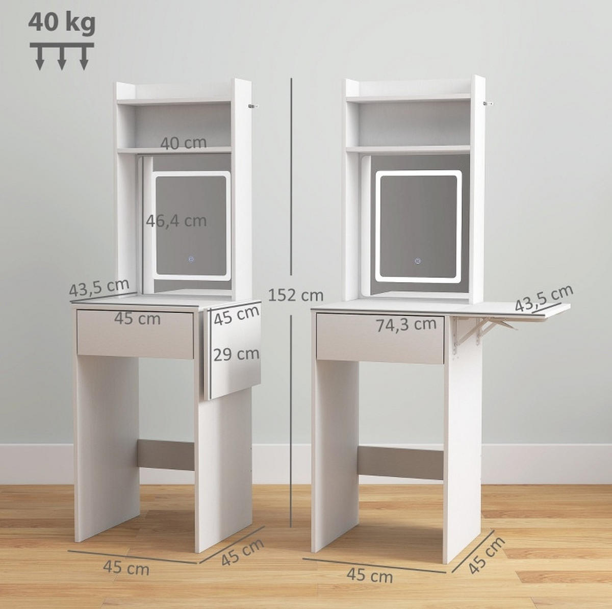 SCHMINKTISCH 45/45/152 cm mit LED-Spiegel, klappbarer Ablage und Schublade aus MDF/Spanplatte, Weiß - Weiß, Holz (45/152/45cm) - Redom