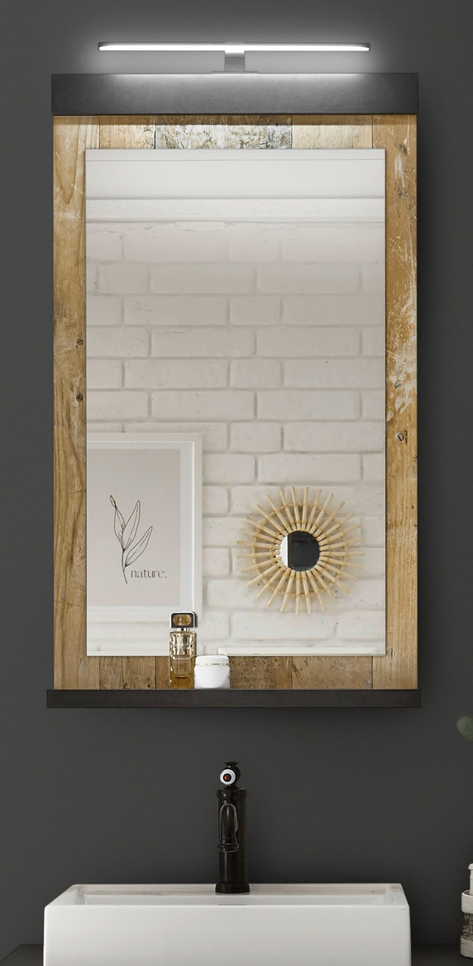 BADSPIEGEL Used Wood hell, anthrazit, Badspiegel mit Ablage 56 x 95 cm - Eichefarben/Anthrazit, Holzwerkstoff (56/95/10cm) - Furn.Design