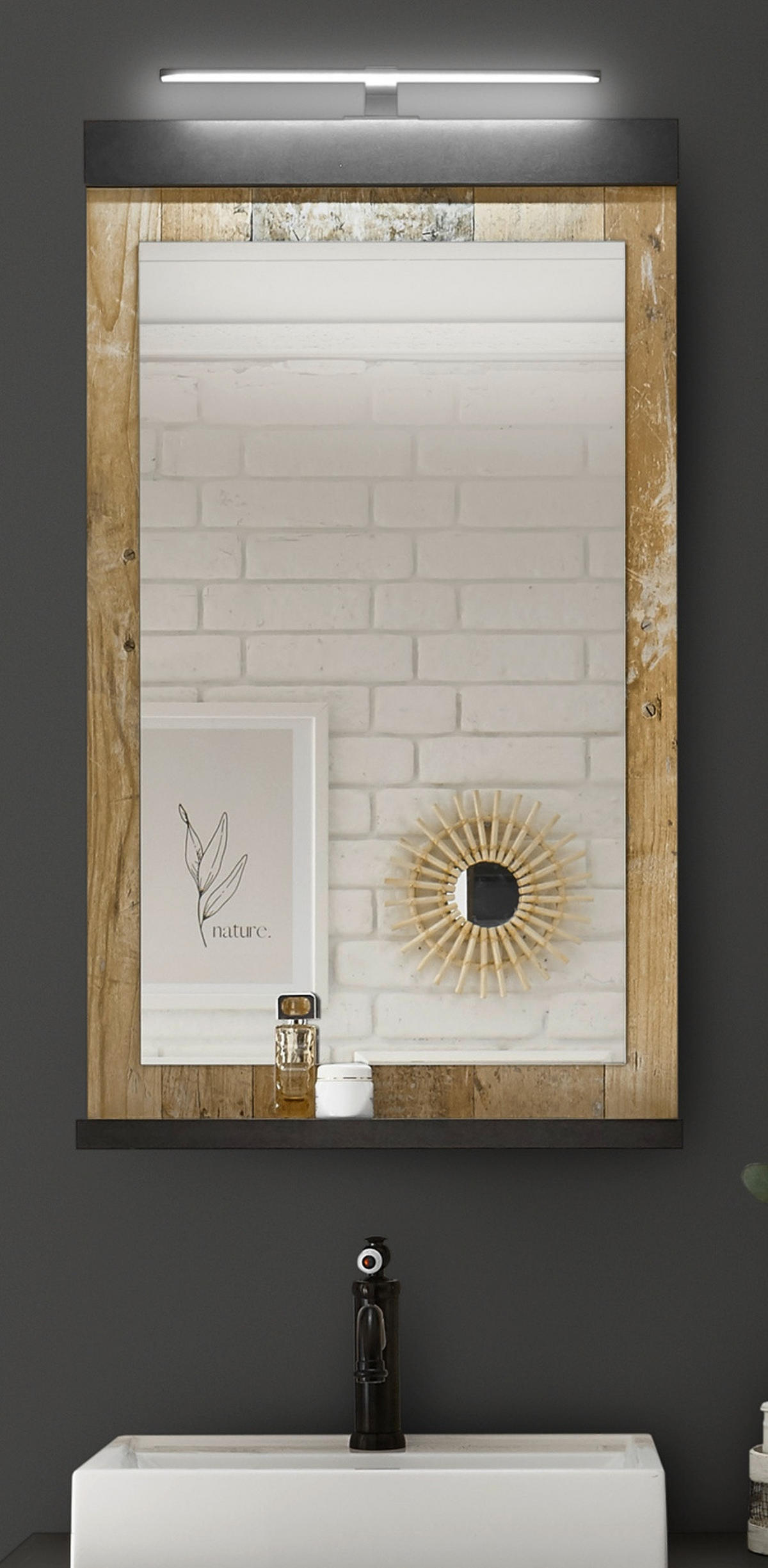 BADSPIEGEL Used Wood hell, anthrazit, Badspiegel mit Ablage 56 x 95 cm - Eichefarben/Anthrazit, Holzwerkstoff (56/95/10cm) - Furn.Design