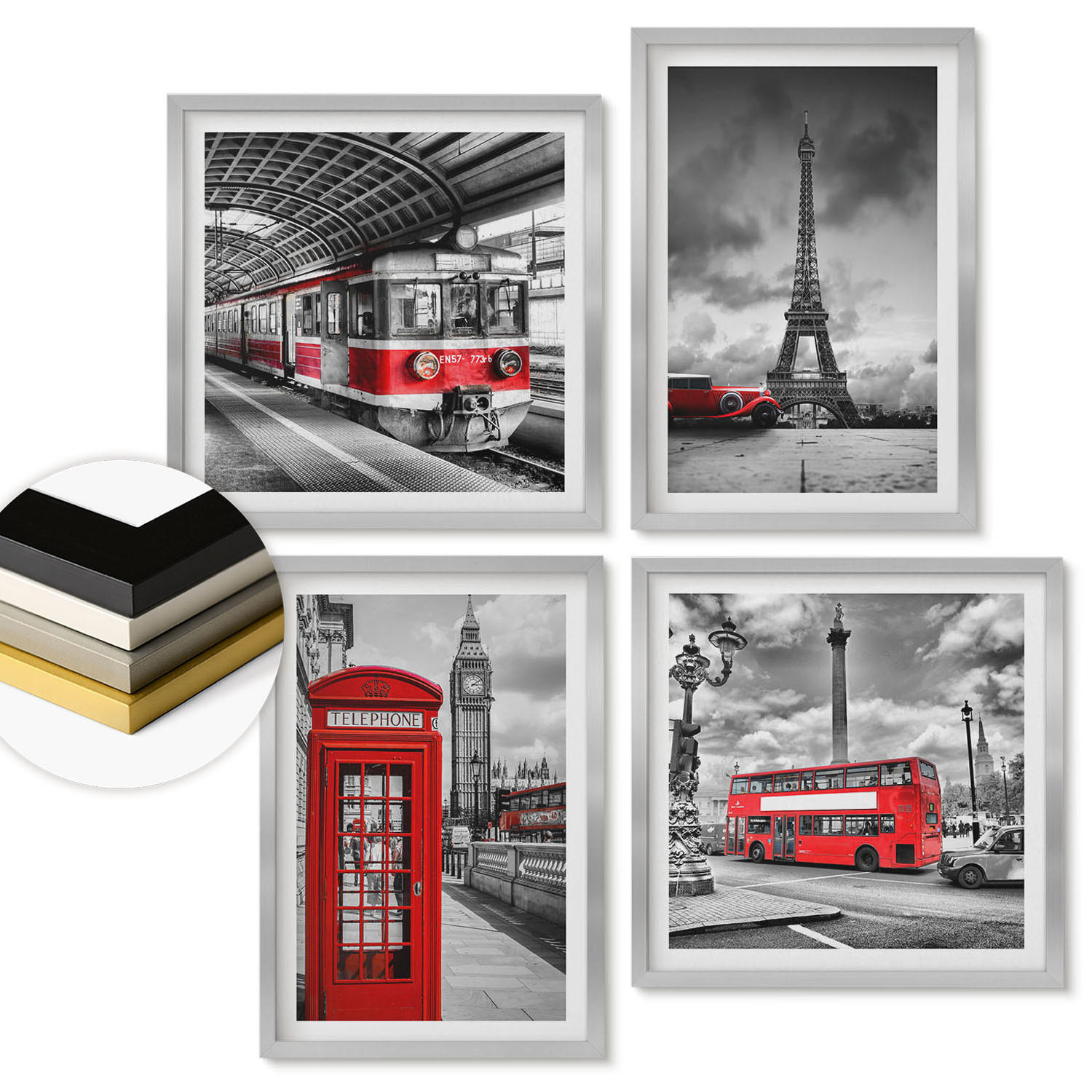 WANDBILDER 4er Set - 50x50 cm & 40x60 cm Silberner Rahmen - Ikonische Städte London Paris Eisenbahn - Silberfarben, Kunststoff (50/50cm) - ArtPrintCave
