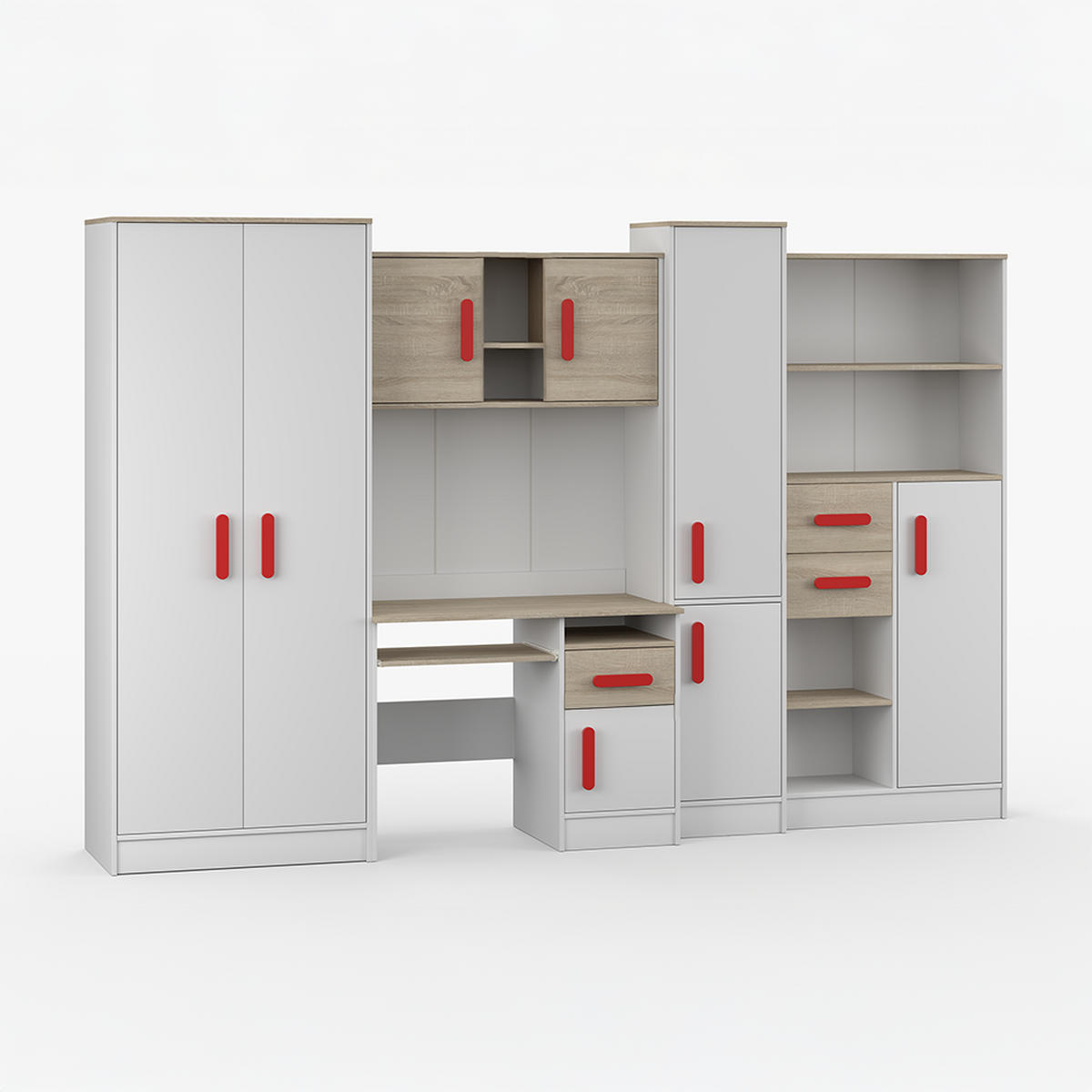 WOHNWAND Markus Weiß Sonoma Eiche mit griffenfarbe: Rot - Rot/Weiß, Holzwerkstoff (300/197/52cm) - imoebel24