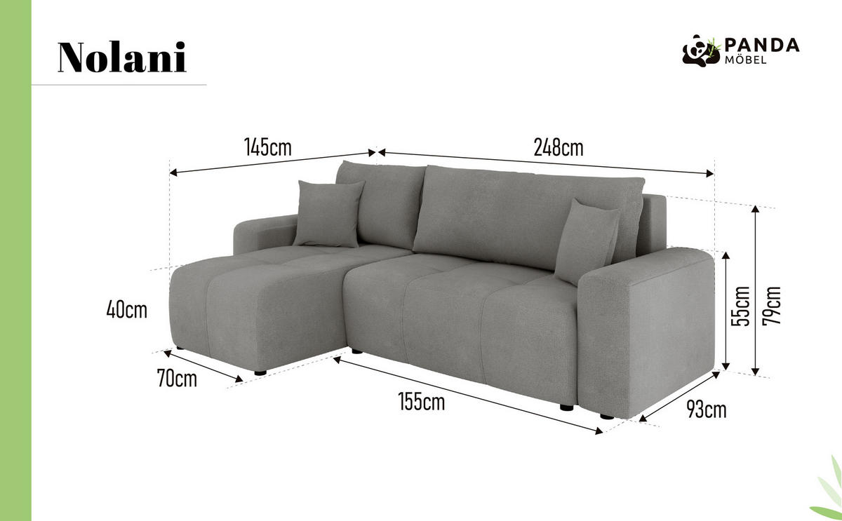 ECKSOFA Nolani mit Schlaffunktion & Bettkasten – Modern & Bequem - Grau, Kunststoff (248/145cm) - Panda Möbel
