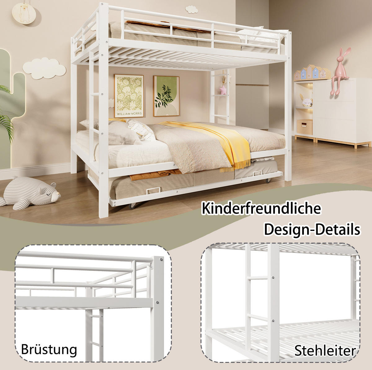 ETAGENBETT 140/200 cm aus Metall mit Ausziehbett in Weiß - Weiß, Metall - BEAOK