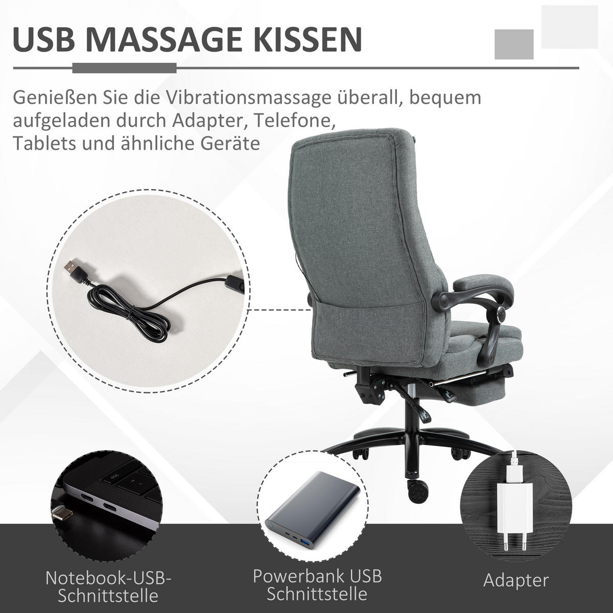 MASSAGEBÜROSTUHL Drehstuhl mit Fußstütze höhenverstellbar Leinen-Gefühl Grau - Grau, Kunststoff (74/117/64cm) - Vinsetto