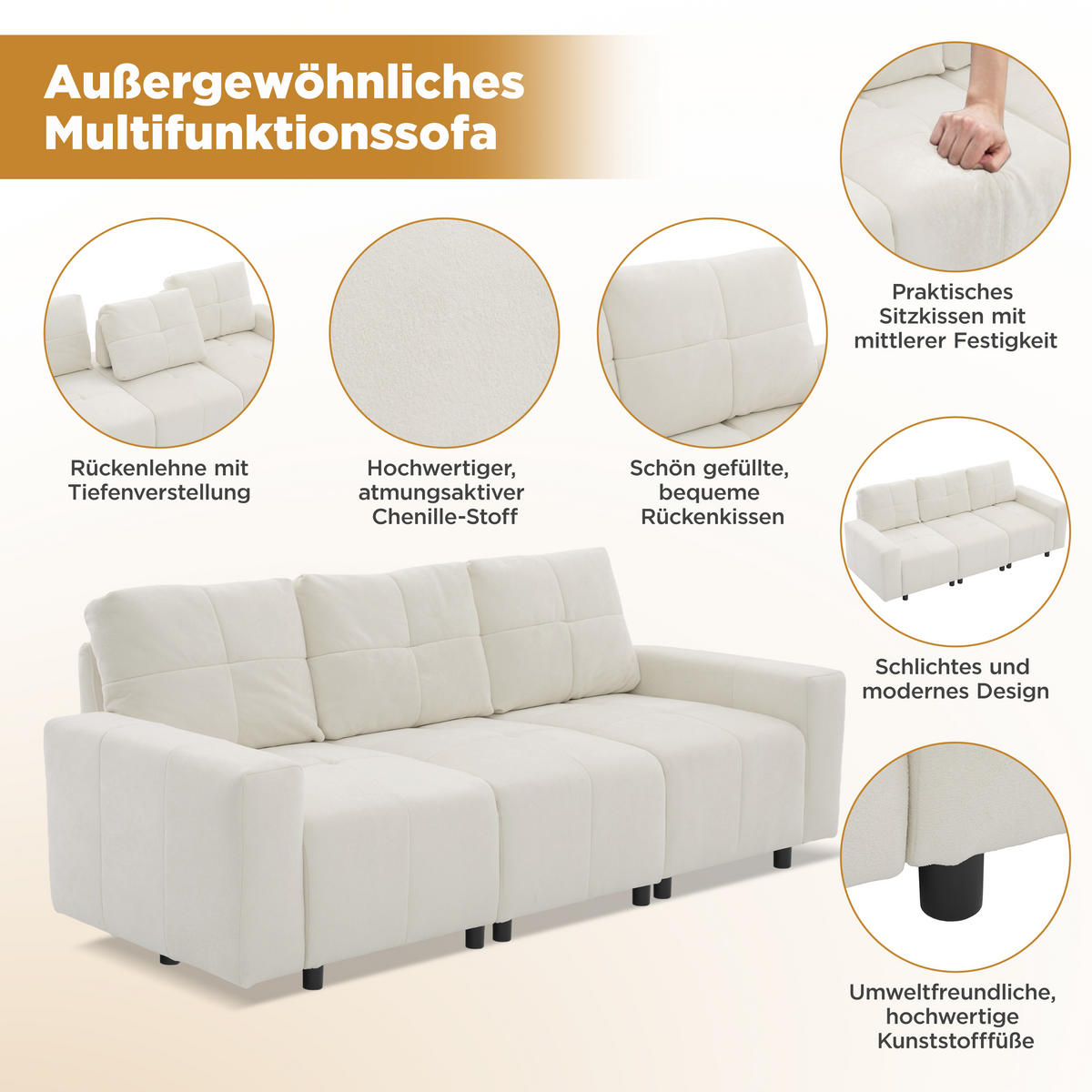 ECKSOFA 213/94/84 cm Beige Weiß mit Schlaffunktion - Creme, Textil (213/94cm) - Oxeza