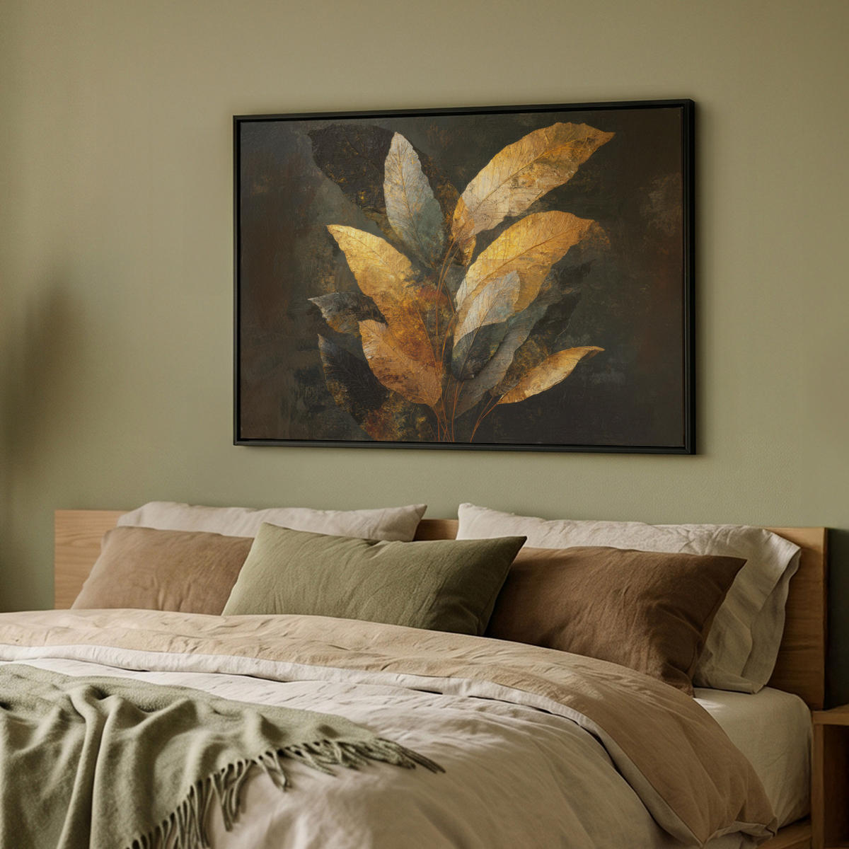 LEINWAND Bilder mit Rahmen - Golden Leaf Komposition - Botanical Luxury - 100x70 - Goldfarben, Textil (100/70cm) - MuchoWow