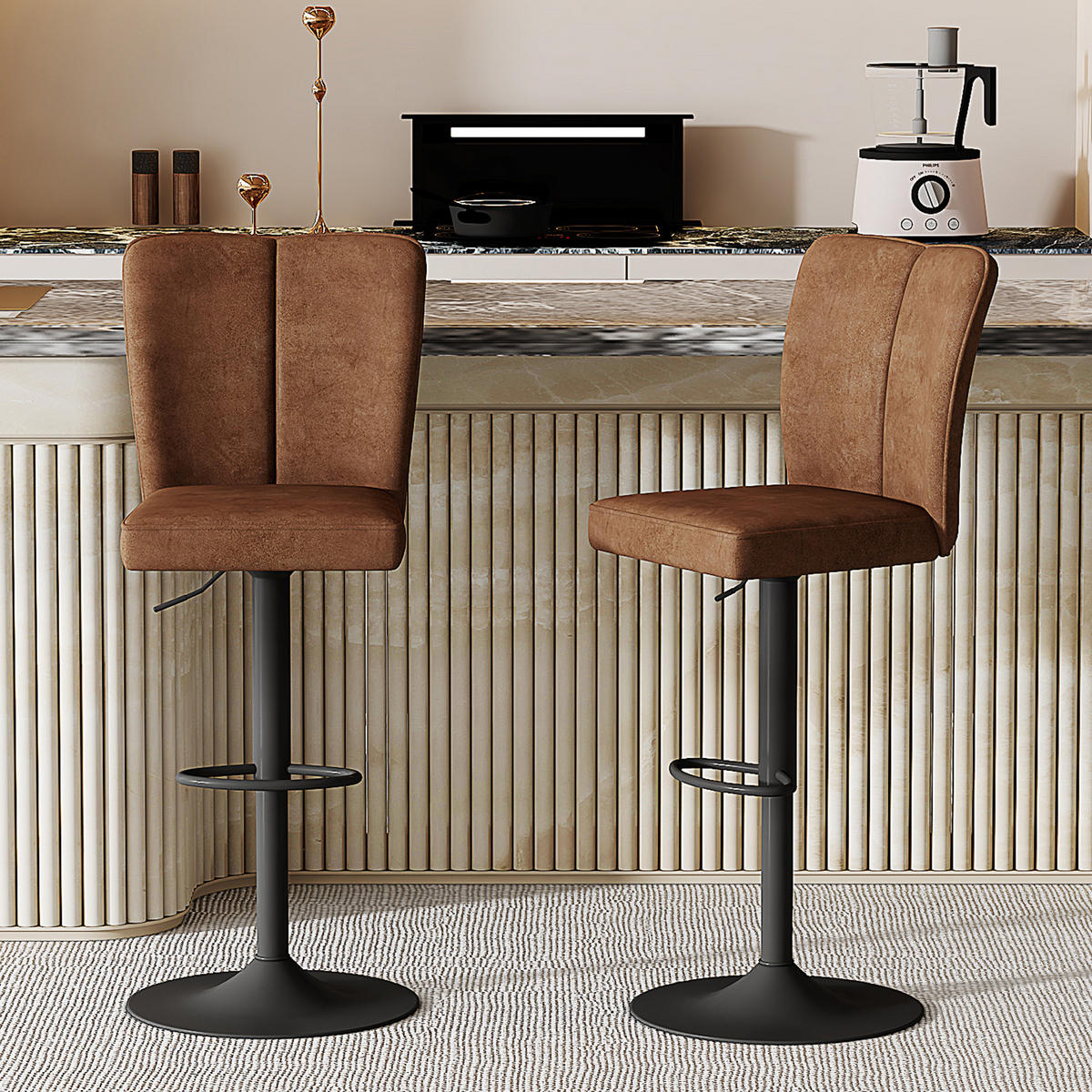 BARHOCKER 2er-Set Braun Höhenverstellbar 360° Drehbar mit Rückenlehne - Braun, Metall (44.5/95.5/44cm) - PANGIVO