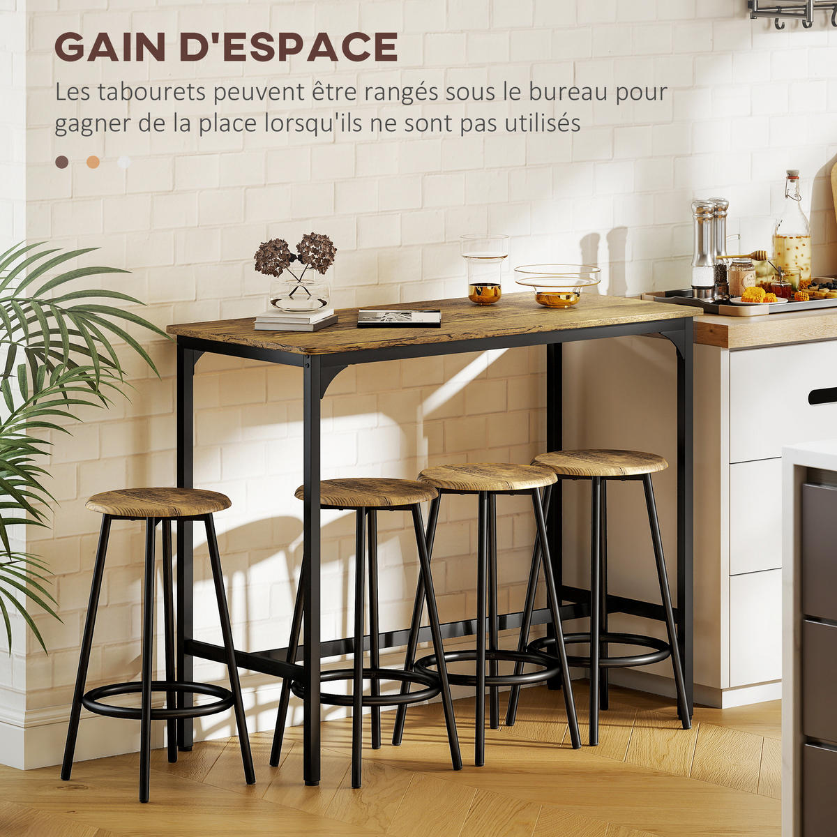 BARTISCH-SET DE-14796 4 Hocker mit Fußstütze Schwarz/Holzoptik - Braun, Metall (110/50/89.5cm) - ComfortXL