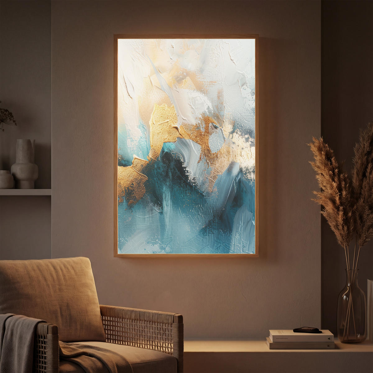 NÁSTĚNNÁ LAMPA S AKUMULÁTOREM Abstraktní - umění - zlatá - modrá 60x90 cm - tyrkysová, kompozitní dřevo (60/90/8cm) - OnlyWow