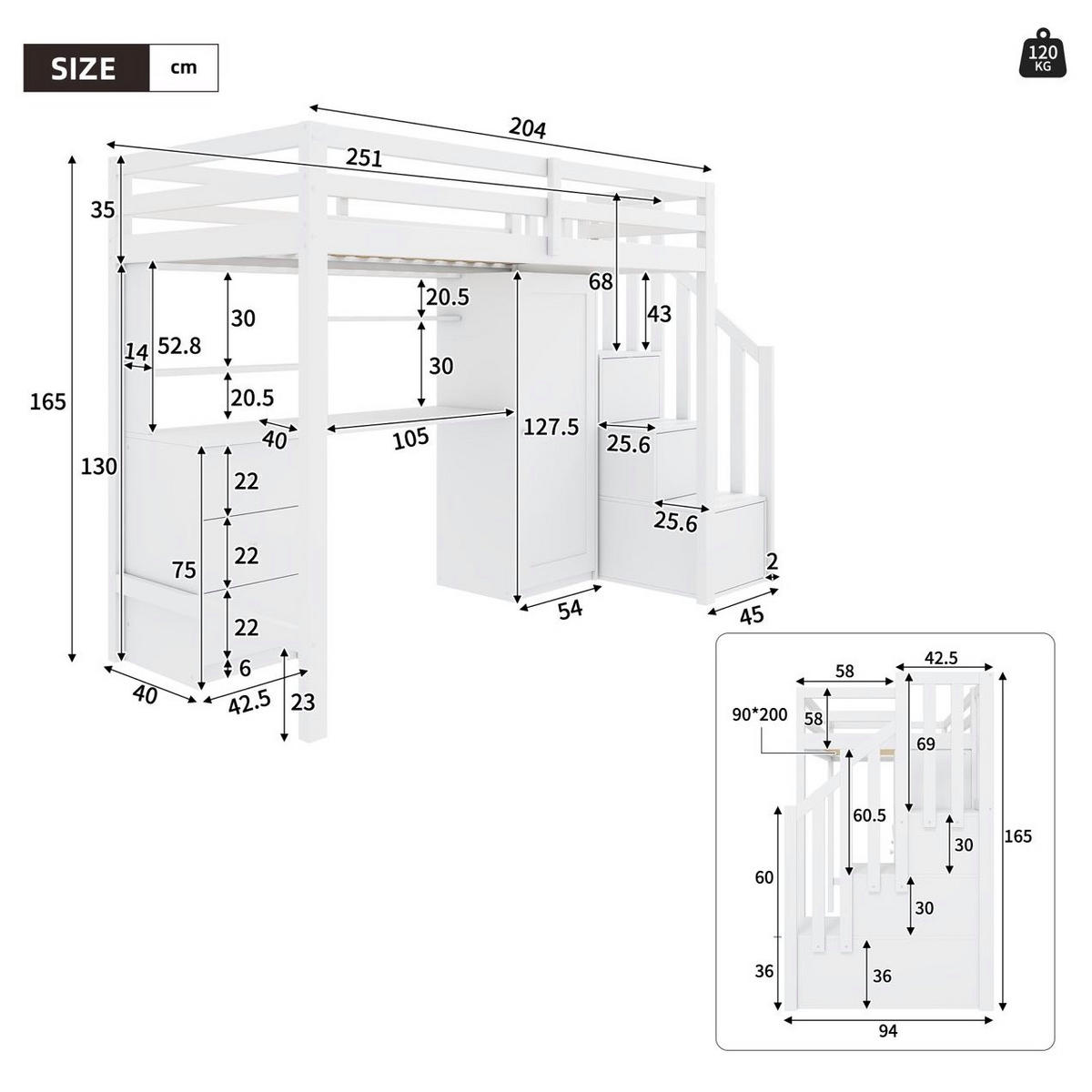 KINDEREINZELBETTEN aus Massivholz 90x200 cm in Weiß mit Schreibtisch & Kleiderschrank - Weiß, Holz (90/200cm) - Modfu