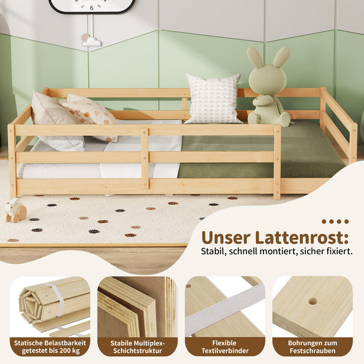 KINDERBETT 140/200 cm aus Kiefer Massivholz mit 4-seitiger Umrandung Natur - Naturfarben, Holz (140/200cm) - Modenvie