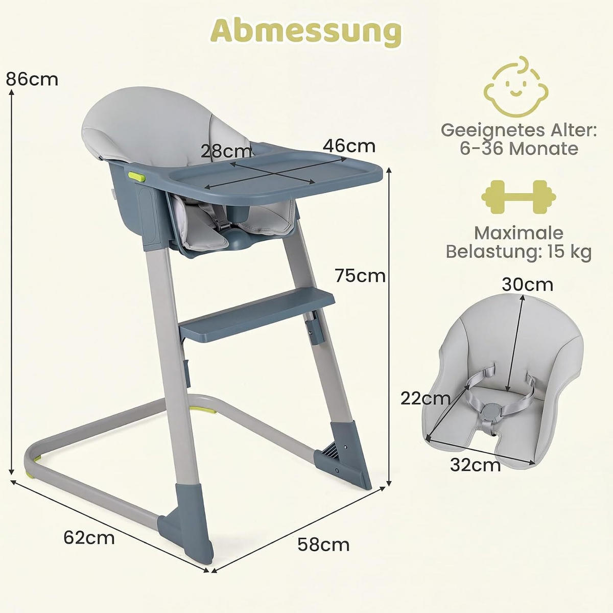 BABYHOCHSTUHL mit abnehmbarem Tablett & Sitzkissen grau - Grau, Metall (62/86/58cm) - COSTWAY