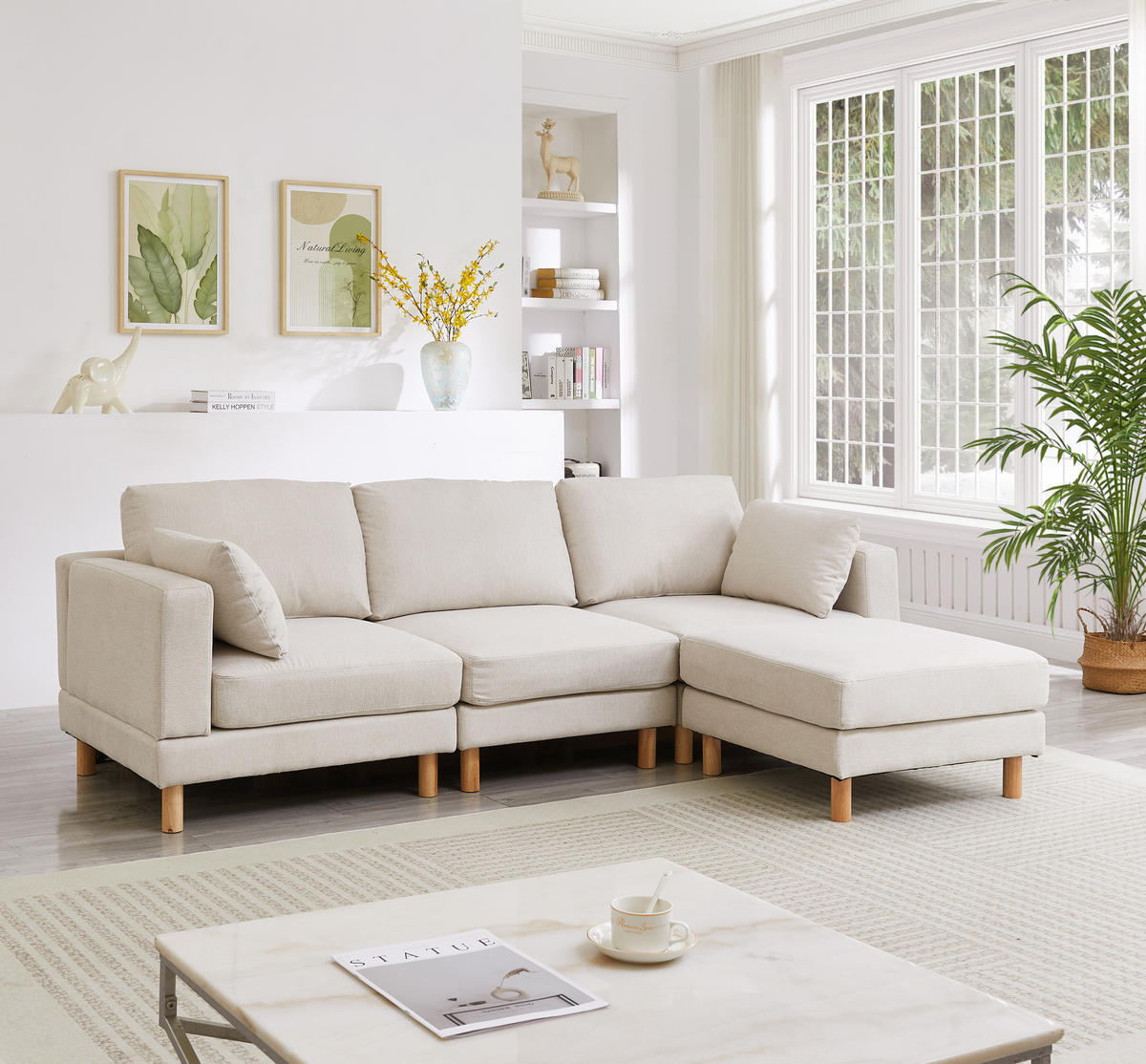 ECKSOFA 3-Sitzer Polyester Beige mit Hocker und Kissen - Beige, Holzwerkstoff/Textil (235/152cm) - WISHDOR