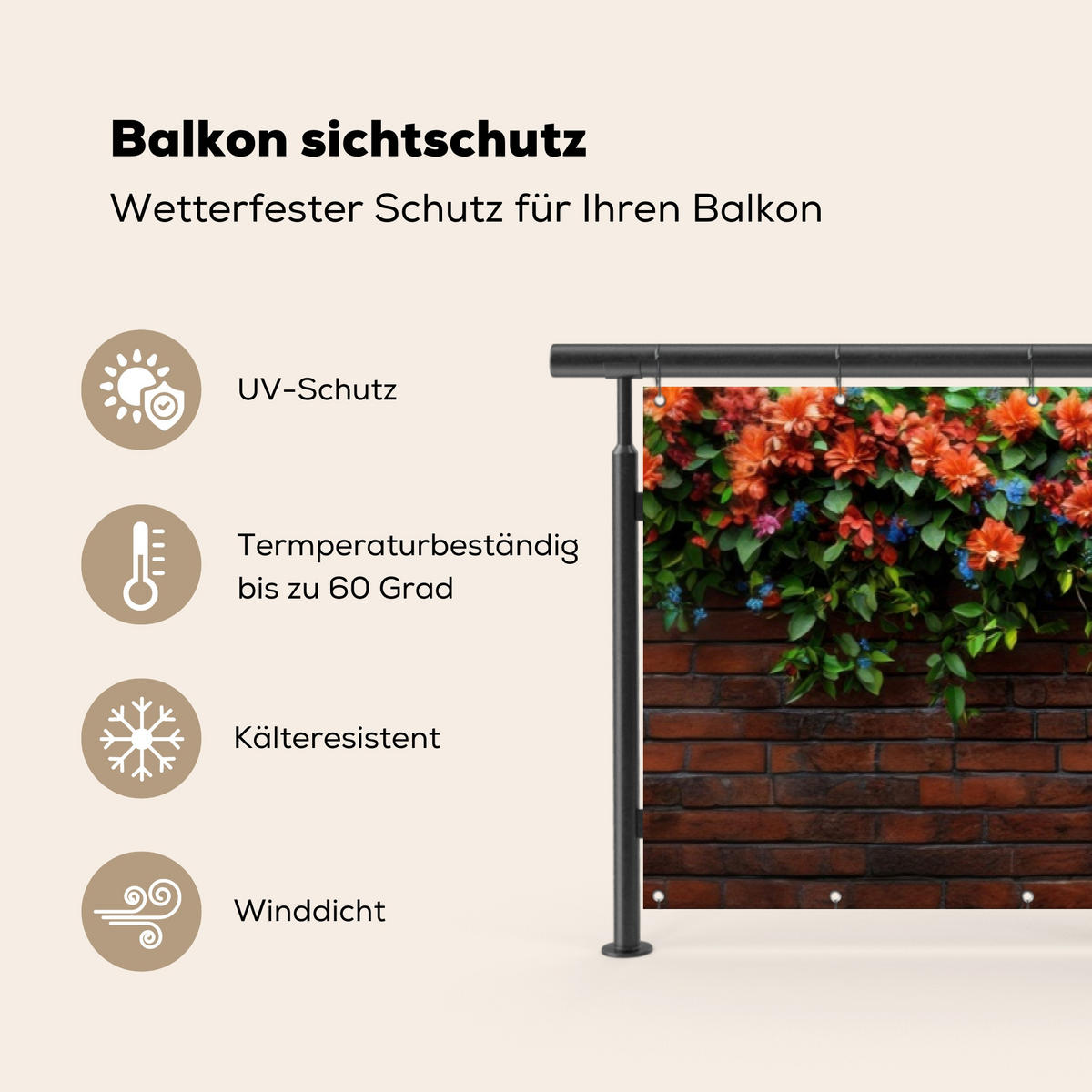 BALKON-SICHTSCHUTZ Blumen - Wand - Grün - Orange - Rotbraun, Kunststoff (500/130cm) - MuchoWow