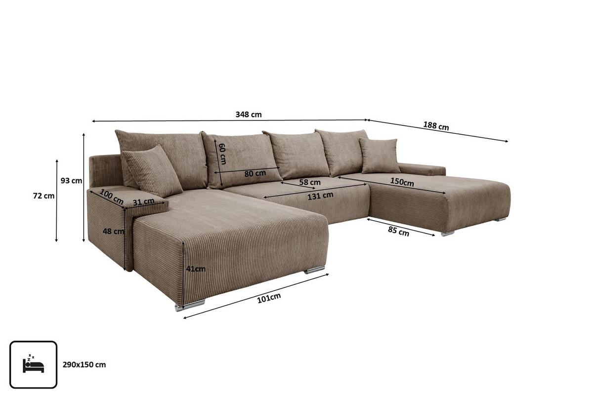 ECKSOFA U-Form Livorno Schlaffunktion Cord-Stoff Hellbraun - Chromfarben/Hellbraun, Holz/Kunststoff (348/93/188cm) - Kaiser Möbel